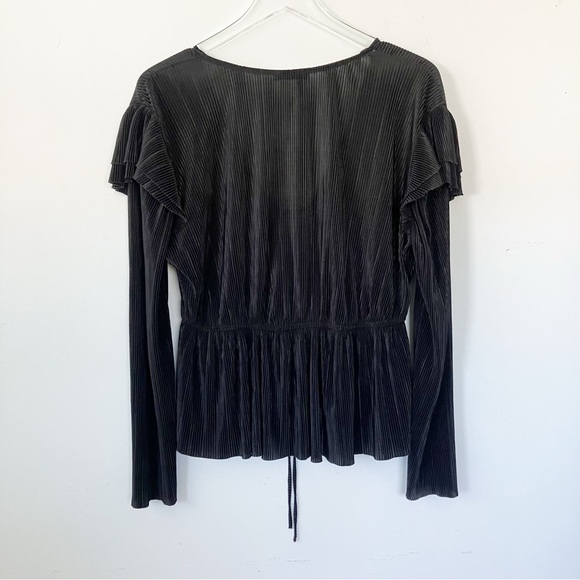 Zara Large Pleated Ruffled Blouse Black V Neck Tie Long Sleeve Top Romantic - Picture 10 of 11